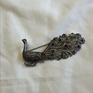 Vintage Silver-Tone Peacock Brooch with Colored Stones
